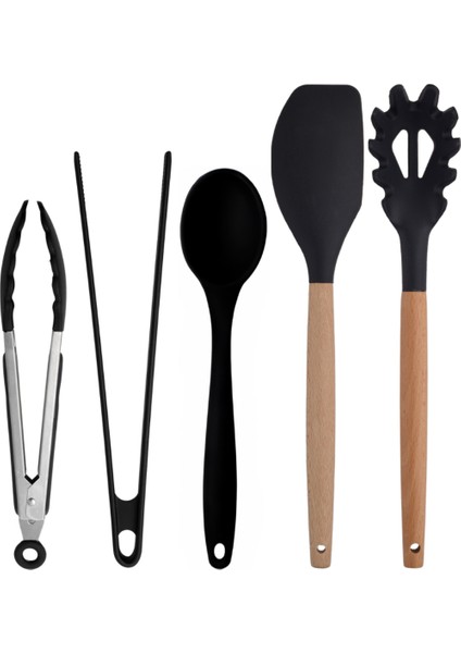 Siyah Bambu Silikon Set - Kepçe, Kaşık, Kevgir, Makarna, Açılı - Düz Spatula, Metal - Silikon Maşa, Silikon Kaşık 9 lu Set