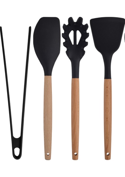 Siyah Bambu Silikon - Kepçe, Kaşık, Kevgir, Makarna, Açılı - Düz Spatula, Silikon Maşa 7 li Set