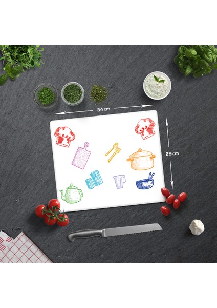Renkli Tahta | Cam Kesme Tahtası - Cam Kesme Tablası | Beyaz Fon | 29cm x 34cm