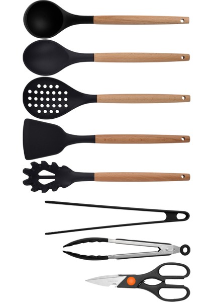 Siyah Bambu Silikon Set - Kepçe, Kaşık, Kevgir, Makarna, Açılı Spatula, Metal - Silikon Maşa, Makas 8 li Set