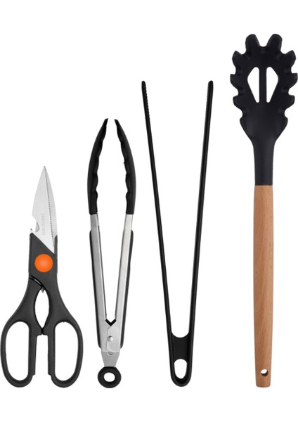 Siyah Bambu Silikon Set - Kepçe, Kaşık, Kevgir, Makarna, Açılı Spatula, Metal - Silikon Maşa, Makas 8 li Set fiyatları
