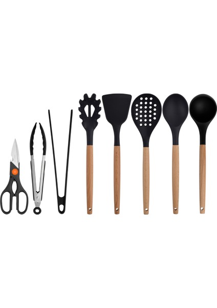 Siyah Bambu Silikon Set - Kepçe, Kaşık, Kevgir, Makarna, Açılı Spatula, Metal - Silikon Maşa, Makas 8 li Set modelleri