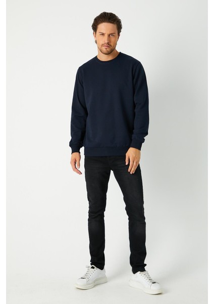 Erkek Lacivert Basic Bisiklet Yaka Regular Fit Normal Kesim 2 Iplik Sweatshirt fiyatları