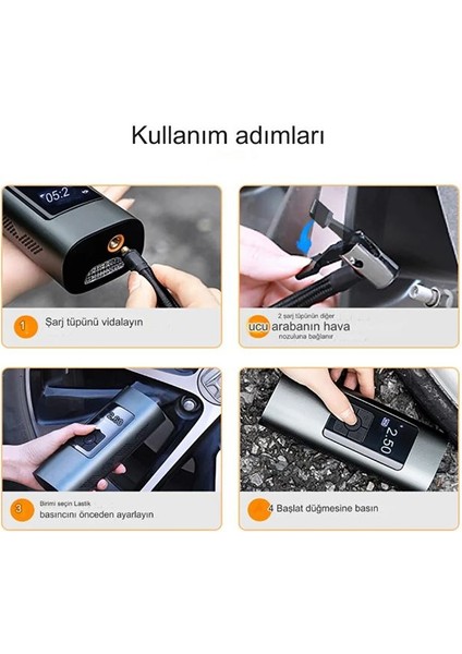 Çok Amaçlı Şarjlı Işıklı Taşınabilir Elektrikli Hava Kompresörü Lastik Pompası Siyah