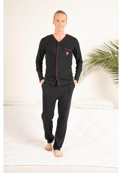 Erkek Kışlık Önden Düğmeli Cepli Penye Pijama Takımı