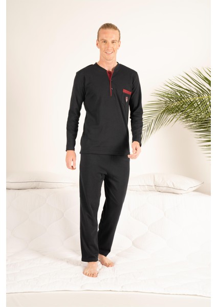 Erkek Kışlık Üç Düğmeli Yuvarlak Yaka Cepli Penye Pijama Takımı fiyatları