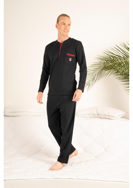 Erkek Kışlık Üç Düğmeli Yuvarlak Yaka Cepli Penye Pijama Takımı modelleri