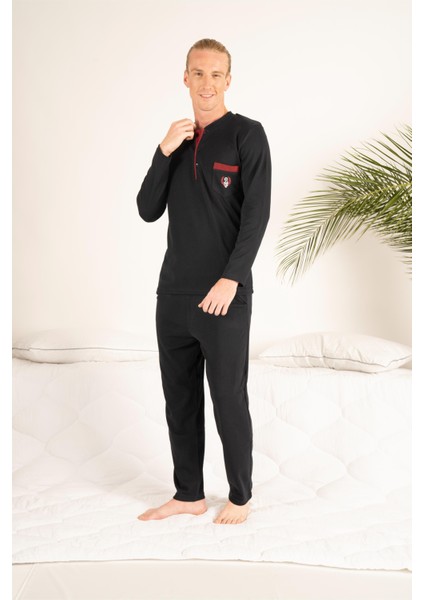Erkek Kışlık Üç Düğmeli Yuvarlak Yaka Cepli Penye Pijama Takımı indirimleri