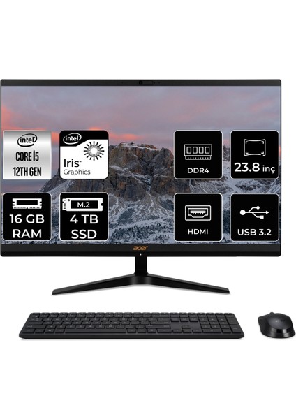 Aspire C24-1700 Intel Core I5 1235U 16GB 4tb SSD 23.8" Fhd Fdos All In One Bilgisayar DQ.BJWEM.006 DQBJWEMP324