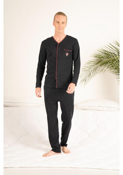 Erkek Kışlık Önden Düğmeli Cepli Penye Pijama Takımı