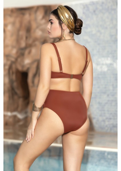 Kadın Kiremit V Yaka Astarlı Yüksel Bel Parçalı Üçgen Bikini Takım HZL24S-AR1612 fiyatları