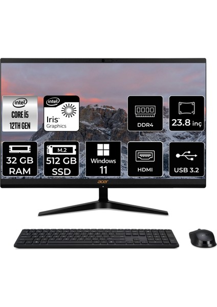Aspire C24-1700 Intel Core I5 1235U 32GB 512GB SSD 23.8" Fhd W11H All In One Bilgisayar DQ.BJWEM.006 DQBJWEMP386
