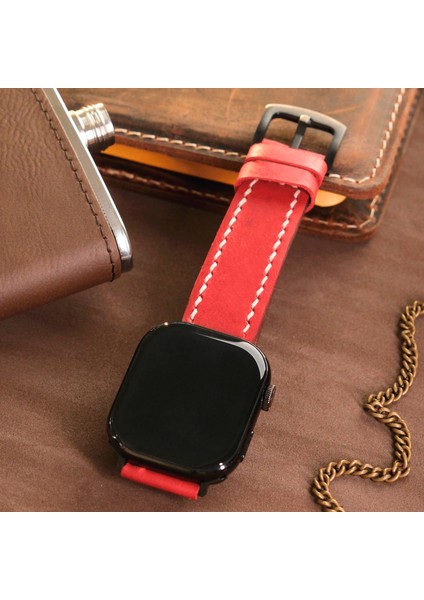 Apple Watch Kordon 38MM 40MM 41MM Seri 3 4 5 6 7 Se 8 9 Uyumlu Hakiki Deri Kayış Kırmızı