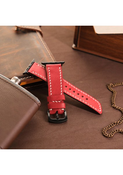 Apple Watch Kordon 38MM 40MM 41MM Seri 3 4 5 6 7 Se 8 9 Uyumlu Hakiki Deri Kayış Kırmızı