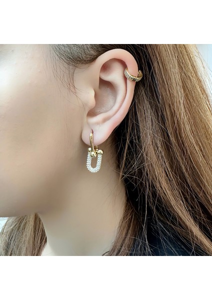 Gümüş Bağlantı Küpe Gold Taşlı