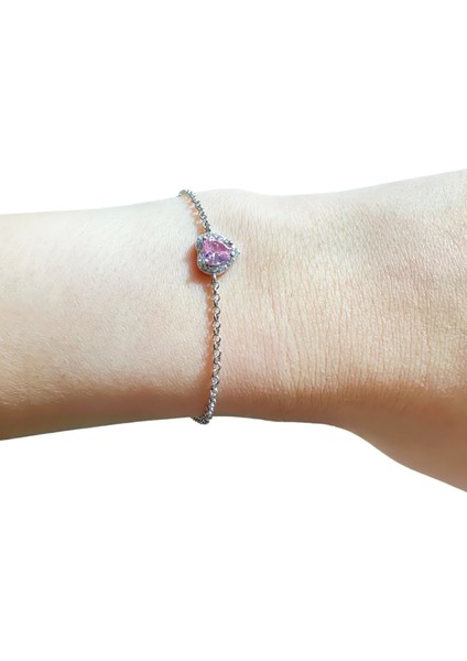 Gümüş Pembe Kalpli Bileklik