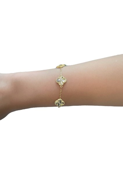 Gümüş Yonca Bileklik Kalemli Gold