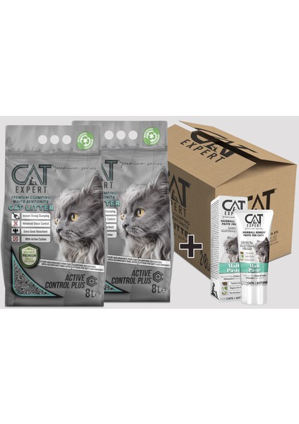 Cat Expert Active Control Plus Aktif Karbonlu Topaklanan ve Koku Hapseden Tozsuz 2x8=16 Lt Kedi Kumu + Malt Paste