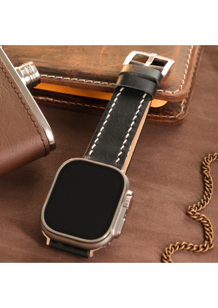 Apple Watch 42 / 44 / 45 / 49 mm Ultra Ultra 2 Uyumlu Deri Kordon Seri 9 8 7 6 5 4 3 Uyumlu Hakiki Deri Kayış Siyah