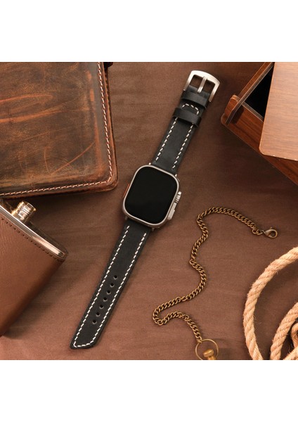 Apple Watch 42 / 44 / 45 / 49 mm Ultra Ultra 2 Uyumlu Deri Kordon Seri 9 8 7 6 5 4 3 Uyumlu Hakiki Deri Kayış Siyah