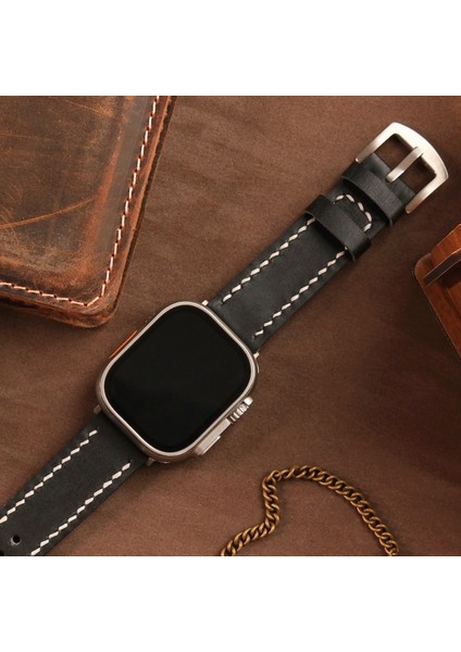 Apple Watch 42 / 44 / 45 / 49 mm Ultra Ultra 2 Uyumlu Deri Kordon Seri 9 8 7 6 5 4 3 Uyumlu Hakiki Deri Kayış Siyah