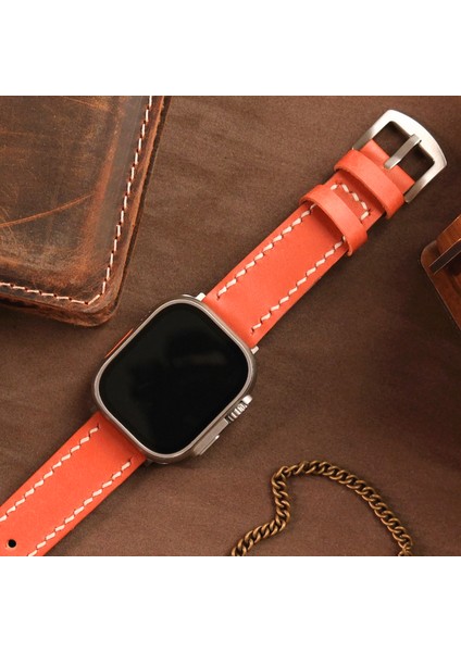 Apple Watch 38MM 40MM 41MM Uyumlu Turuncu Deri Kordon Seri 3 4 5 6 7 Se 8 9 Uyumlu Hakiki Deri Kayış