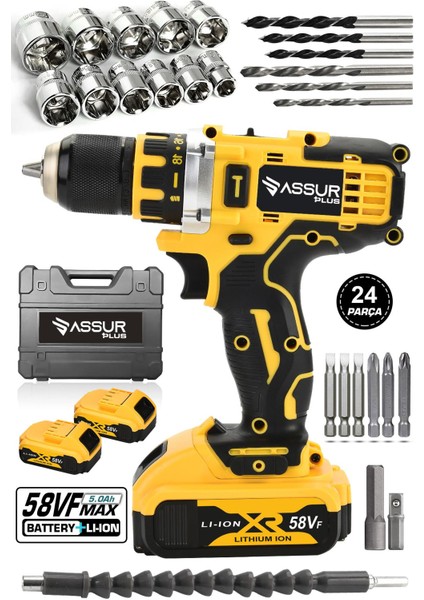 Matkap 58vf 5ah Li Sjs Çift Metal Şanzuman Çift Akülü Şarjlı Matkap 24 Parça Set Hediyeli