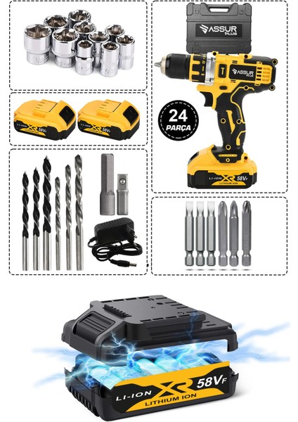 Matkap 58vf 5ah Li Sjs Çift Metal Şanzuman Çift Akülü Şarjlı Matkap 24 Parça Set Hediyeli