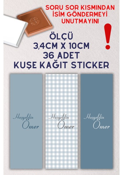 Özel Isimli Mavi 3lü Set 36 Adet Çikolata Etiketi Yapışkanlı 3,4 x 10CM Kuşe Sticker Ekose Desen