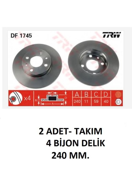 Ön Fren Diski Tk. Bravo 1 Marea Punto Panda Tempra Tipo Uno 70S 60811879 Trw DF1745