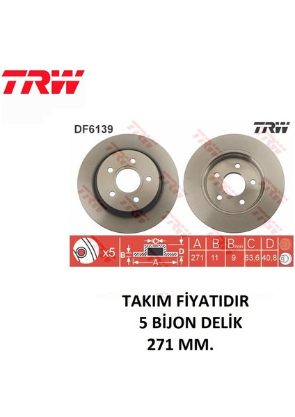 Fren Diski Arka Ford Focus 3 1,0 1,5 Ecoboost 1,6 2,0 1,5/1,6/2,0 Tdci 1704765 DF6139 Trw