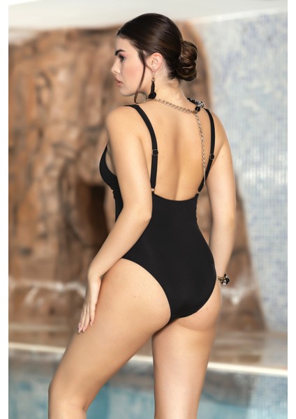 Kadın Siyah V Yaka Astarlı Halka Detaylı Parçalı Üçgen Yüzücü Mayo HZL24S-AR1839 fiyatları