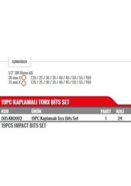 Kaplamalı Delikli Torx Bits Set 19 Parça KK0002 fiyatları