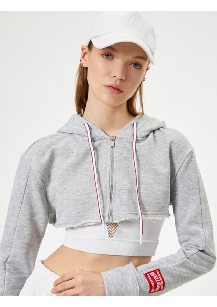 Crop Spor Sweatshirt Kapüşonlu Fermuarlı Rahat Kesim