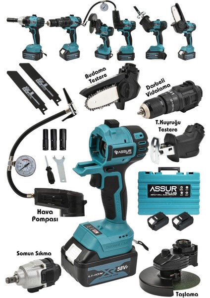 Assur Plus Muhteşem 6'lı Set Taşlama-Somun Sıkma-Tilki Kuyruğu-Dal Budama-Akülü Vidalama-Hava Pompası
