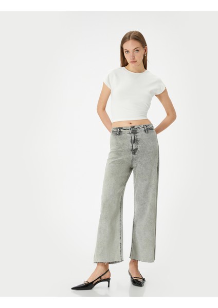 Geniş Kısa Paça Kot Pantolon Yüksek Bel Esnek Rahat Kalıp Cepli Pamuklu - Sandra Jeans