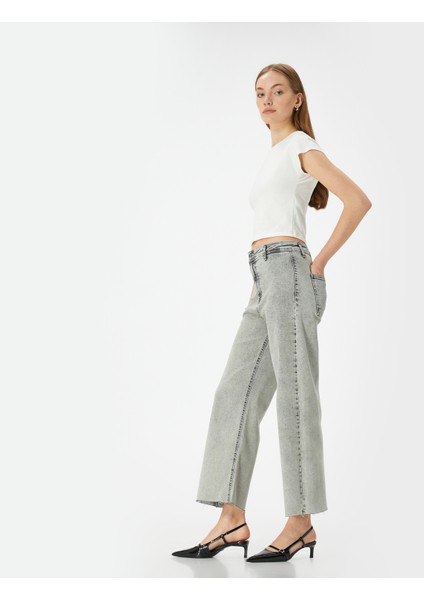 Geniş Kısa Paça Kot Pantolon Yüksek Bel Esnek Rahat Kalıp Cepli Pamuklu - Sandra Jeans fiyatları