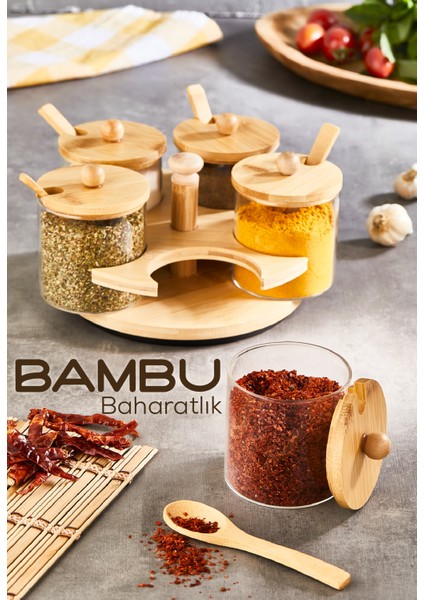 5li Bambu Standlı ve Kaşıklı Cam Baharatlık