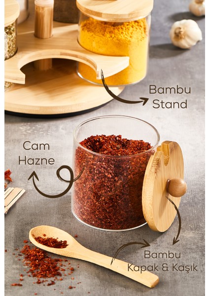 5li Bambu Standlı ve Kaşıklı Cam Baharatlık