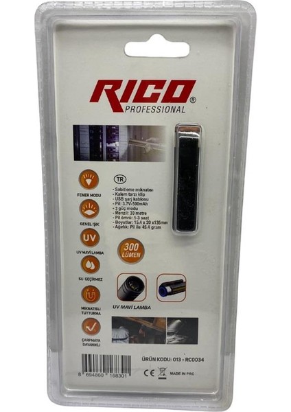 Rıco 3.7V El Feneri Ledli Mıknatıslı Kalem Tip Şarjlı (Kısa)