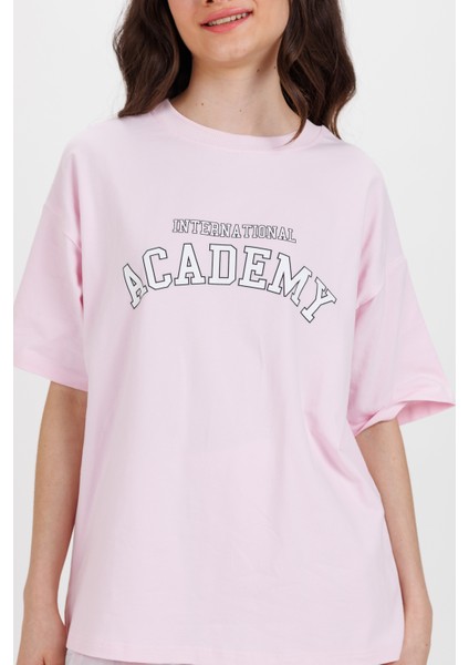 Kadın Pudra Academy Bisiklet Yaka Oversize Tshirt