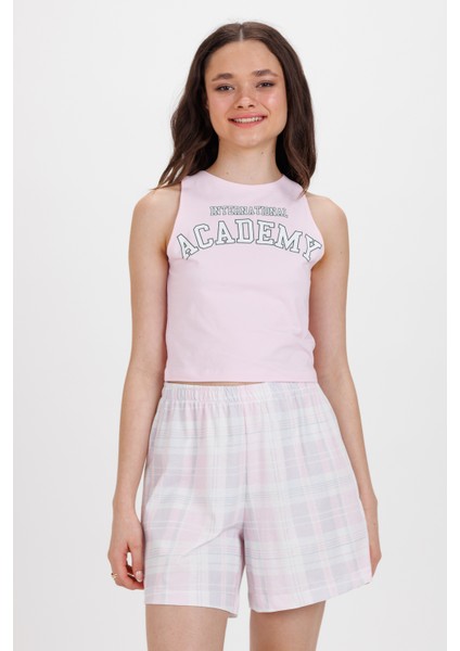 Kadın Pudra Academy Kalın Askılı Crop Tshirt