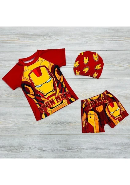 Neat Kids Erkek Çocuk Ironman Şortlu Tişörtlü Boneli Mayo Takımı 3'lü Set