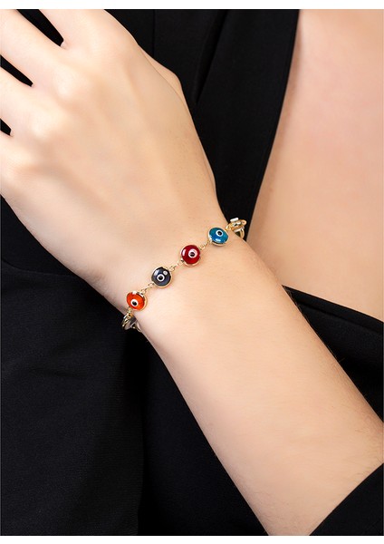 Nazar Boncuğu Detaylı Multicolor Gold Renk 925 Ayar Gümüş Kadın Bileklik fırsatları
