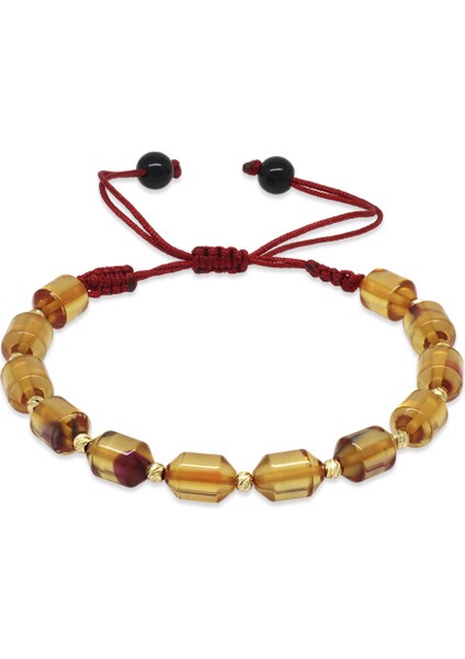 Makrome Örgülü Sarı Dorika Top Süslemeli Şeffaf Bonibon Ateş Kehribar Kadın Bileklik