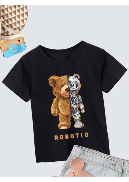 Ünisex Rahat Kalıp Pamuklu Baskılı Siyah Çocuk T-Shirt