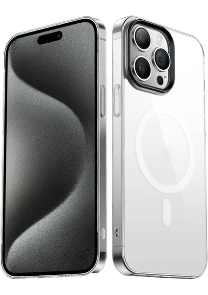 Tecno Gelisen Apple iPhone 15 Pro Max - Uyumlu Zore Wireless Şarj Özellikli Şeffaf G-Glass Kapak-Siyah