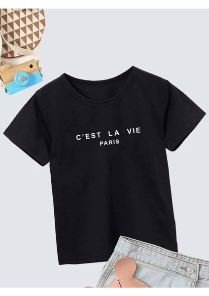 Ünisex Rahat Kalıp Pamuklu Baskılı Siyah Çocuk T-Shirt