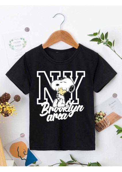 Ünisex Rahat Kalıp Pamuklu Baskılı Siyah Çocuk T-Shirt