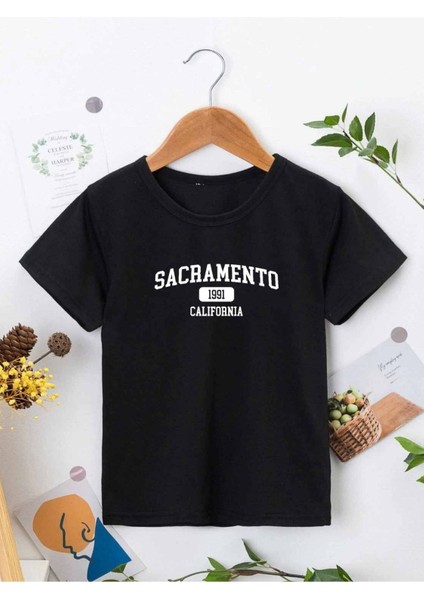 Ünisex Rahat Kalıp Pamuklu Baskılı Siyah Çocuk T-Shirt